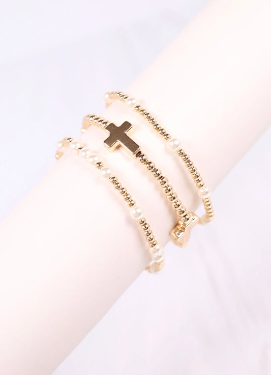 Trinity Pearl and Cross Bracelet Set