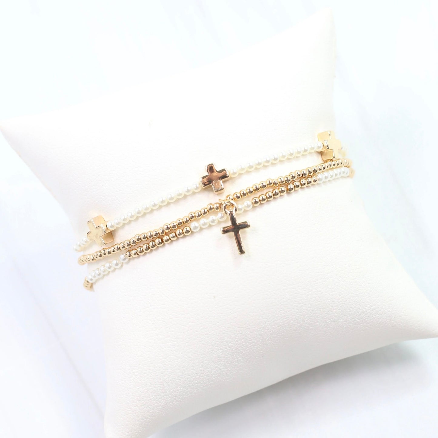 Gili X Adorned Co. Cross and Pearl Bracelet Set